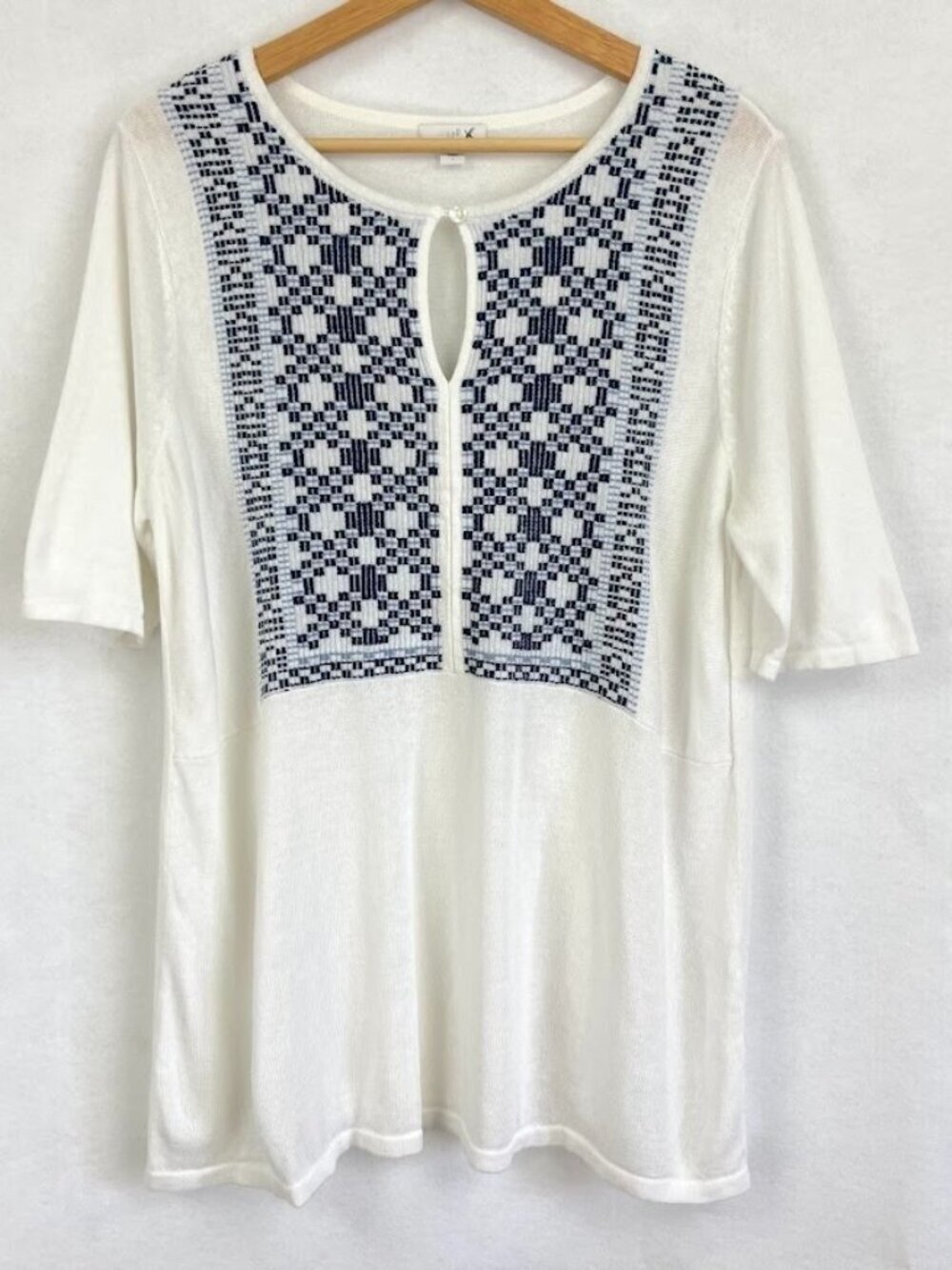 J. Jill Embroidered Knit Blouse Linen Blend Boho Beachy Coastal Grandma Core L